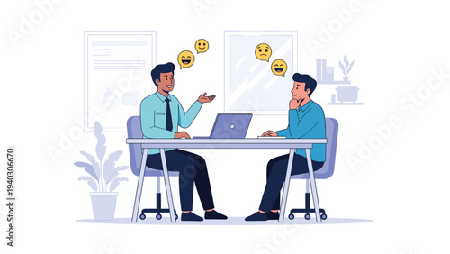 Two professional men having a conversation at an office desk with stylized emoji speech bubbles above their heads.