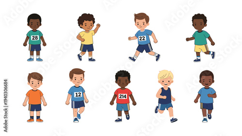 Group of young boys from diverse backgrounds participating in a running race with numbers attached to their shirts.