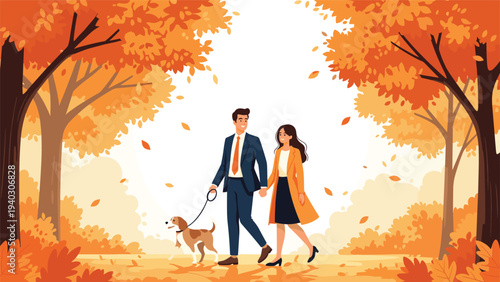 Romantic couple wearing stylish coats walking their beagle dog through beautiful park filled with vibrant orange autumn foliage.