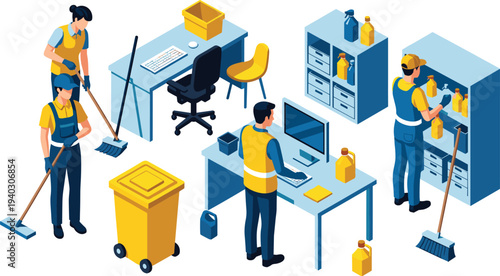 Isometric office cleaning service team working with equipment, janitors maintaining workspace hygiene and organization vector illustration