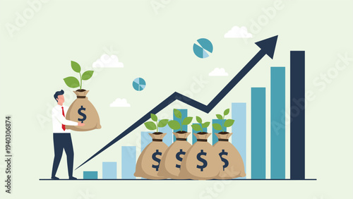 Successful businessman investing in sustainable projects shown by money bags with growing plants and upward financial growth chart.