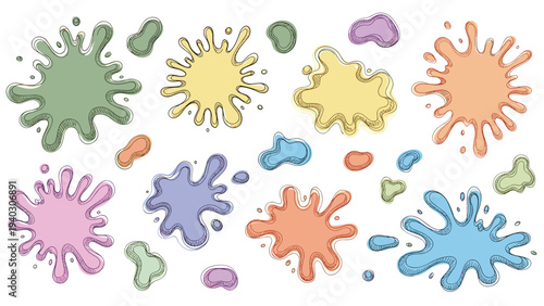 Artistic collection of colorful paint splats and liquid blobs in soft pastel shades for creative background and graphic design.