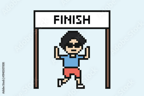 Cartoon man marathon runner win finish run exercise race with 8 bit,jogging,walk,success.