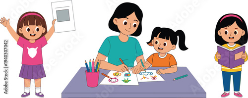 Mother teaching child drawing and reading illustration set, kids learning education creativity and family study concept