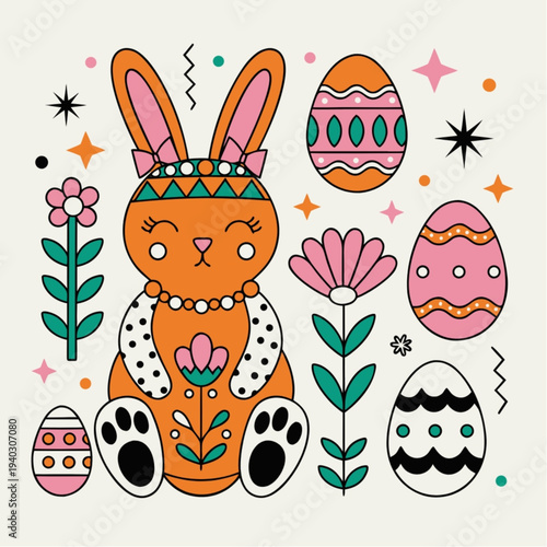 “Happy Easter Spring Background with Cute Bunny and Colorful Eggs Vector Illustration”