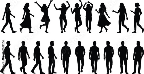 People walking and dancing silhouettes vector set, men and women movement poses collection illustration