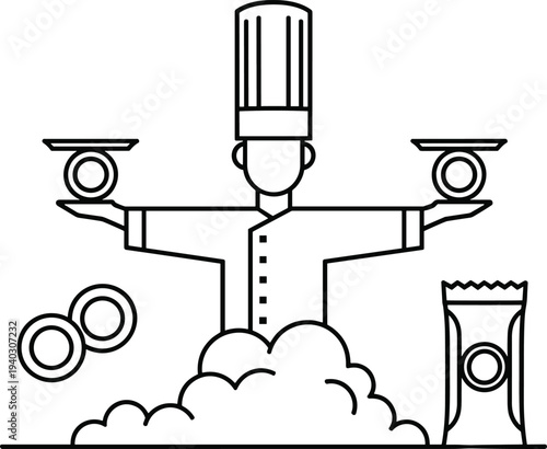 Chef juggling plates cooking concept minimal flat vector illustration for kitchen culinary skills restaurant training and food preparation design