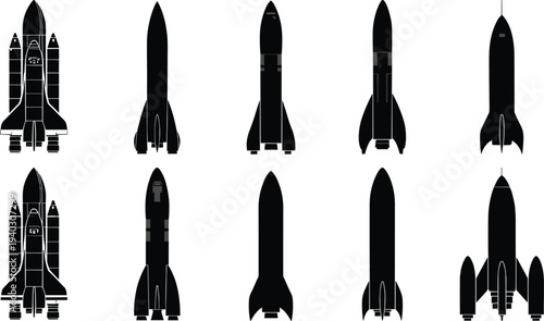 Rocket and space shuttle silhouettes vector set, spacecraft launch vehicle space exploration collection illustration
