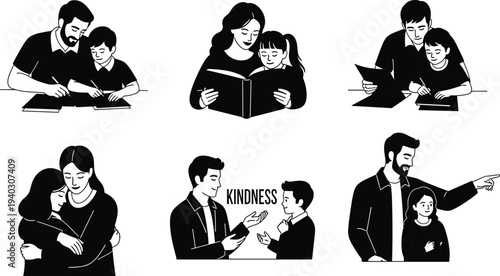 Parents teaching children learning and reading silhouettes vector set, family education parenting support illustration collection