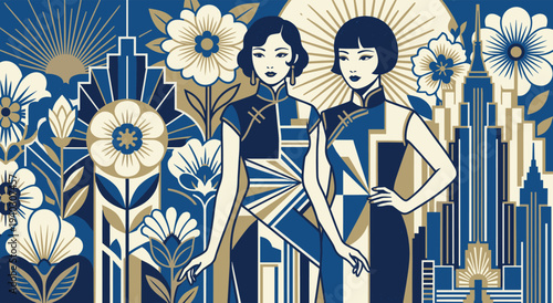 Art Deco Glamour: Two elegant figures, adorned in refined attire, stand before an impressive urban panorama. The background combines geometric precision with floral softness.