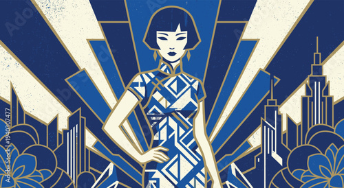 Art Deco Elegance: A stylish woman in an art deco dress and bob haircut stands confidently against a backdrop of stylized buildings, embodying the glamour and artistic flair of the era.
