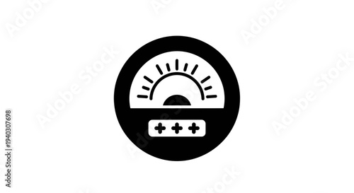 Black gauge icon with semicircle meter and plus signs, representing measurement or performance