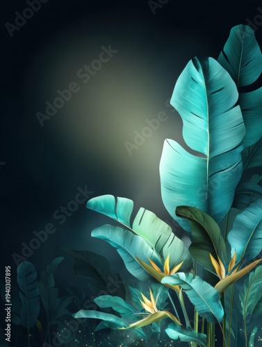 The setting shows banana leaves and bird of paradise under low key lighting with a dark jungle background. Space designed for bold text on the right.