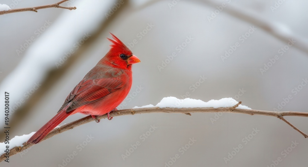 Fototapeta premium Vivid Male Northern Cardinal Perched on Snow-Covered Branch in Winter Scene