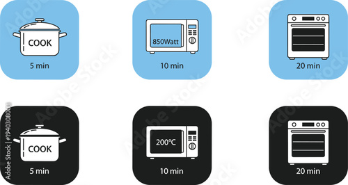 Cooking time icons set with pot microwave and oven minimal flat vector illustration for kitchen appliances timer and recipe guide design
