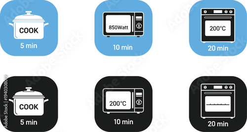 Cooking timer icons set with pot microwave and oven minimal flat vector illustration for kitchen appliances cooking time and recipe design
