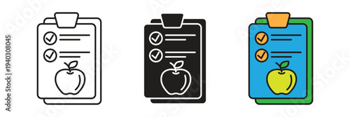 Healthy lifestyle checklist icon set with apple symbol. Ideal for diet planning, nutrition tracking, fitness goals, and wellness program documentation.