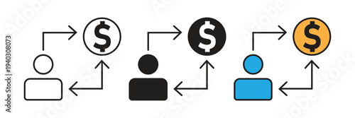 User payment transaction icon set showing a person connected to a dollar coin. Great for fintech, banking, and personal finance.