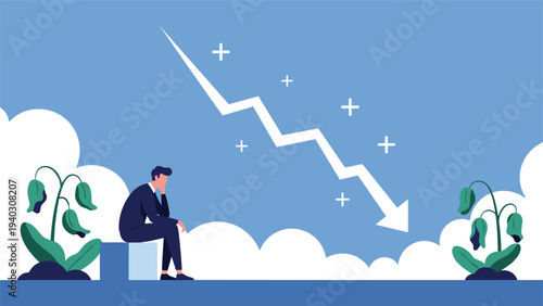 Stressed businessman in a suit sitting in despair as a white arrow graph declines sharply past wilted plants.