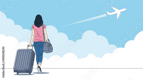 Young woman from behind pulling a suitcase and carrying a bag at the airport while a plane flies in the blue sky.