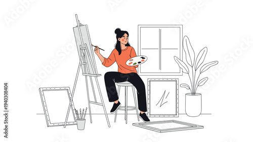 Creative young woman artist sits on a stool in her bright studio painting on a canvas while surrounded by plants and empty frames.