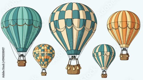 Set of vintage hot air balloons with various colorful stripes and checkerboard patterns floating gracefully against a light blue sky.