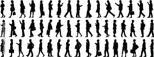 Business people walking silhouette collection with men and women professionals commuting carrying bags and phones, corporate office lifestyle vector isolated on white background