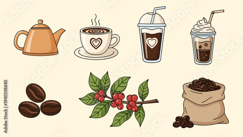 Selection of coffee shop icons featuring a moka pot, heart latte art, iced coffee with whipped cream, coffee beans, and a burlap sack.