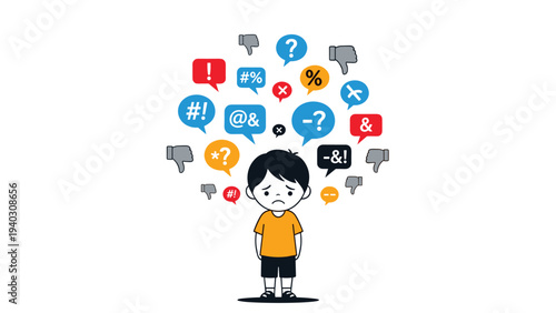 Sad young boy stands alone as he is surrounded by negative social media symbols like thumbs down icons and various frustrated speech bubbles.