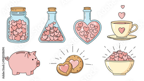 Romantic icons and gift ideas including jars of hearts, heart-shaped cookies, a pink piggy bank, and a cup of tea with floating hearts.