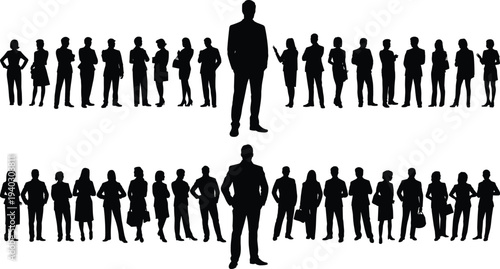 Business team silhouettes with leader standing in front, corporate professionals men and women group leadership teamwork concept isolated on white background