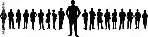 Business team silhouette with leader in front, corporate professionals men and women standing together teamwork leadership concept isolated on white background