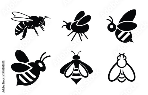 Set of 6 bee silhouette icons, isolated on transparent and white background, vector