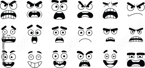 Cartoon angry and funny face expressions collection with different emotions, comic emoji character faces showing happy scared surprised and angry moods isolated on white background