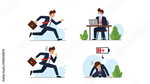 Businessman character depicted in four different professional states including running, working, feeling stressed, and completely exhausted.
