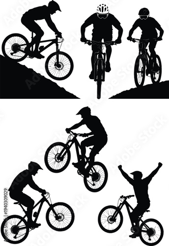 Silhouettes of mountain bikers performing stunts, riding slopes, celebrating victory, dynamic poses showcasing extreme sports and outdoor adventure excitement.