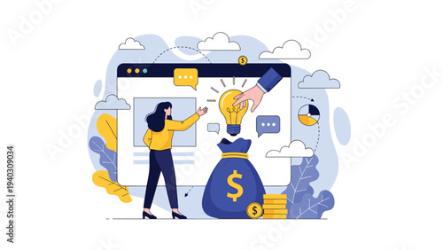 Businesswoman points at a glowing lightbulb idea being extracted from a large money bag on a digital screen, symbolizing investment in ideas.