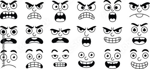 Cartoon face expression set showing angry happy surprised and funny emotions, vector collection of comic emoji faces with different eyes and mouths isolated on white background