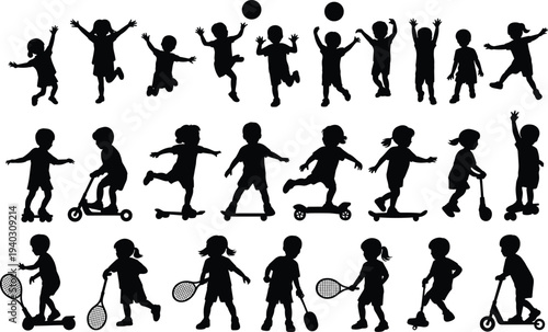 Children playing silhouette collection with kids jumping running riding scooters skateboards and playing tennis, vector set of active childhood activities isolated on white background