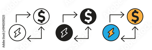 Energy cost exchange icon set depicting power bolt and dollar sign. Suitable for electricity bills, utility savings, and renewable energy investments.