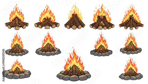 Grid showing various stages and styles of campfires from simple log piles to roaring flames surrounded by stones on a white background.