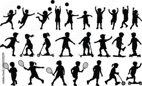 Children silhouette collection showing kids playing jumping running with ball scooter and tennis racket, vector set of active child poses isolated on white background