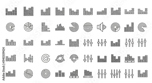 Collection of audio equalizer, sound wave, volume, and speaker icons for multimedia applications on isolated white background