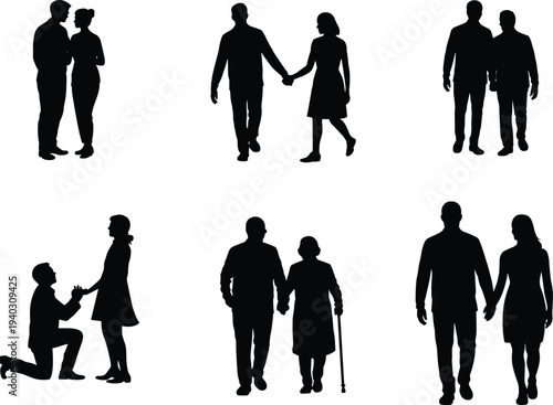 Couple silhouette collection showing romantic partners walking holding hands proposal and elderly couple support, love relationship vector set isolated on white background