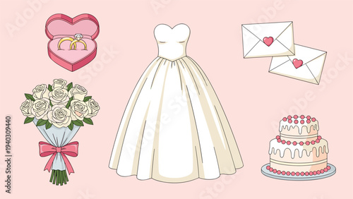 Comprehensive wedding day design element set featuring a bridal gown, floral bouquet, cake, rings, and love letters.
