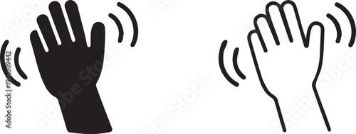 Set of 2 Waving Hand Icons Vector - Black Silhouette and Outline Style for Greetings, Farewell, or Attention-Grabbing UI Elements
