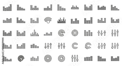 Set of audio equalizer, sound wave, and volume control icons in various styles on isolated white background