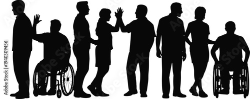 diverse people silhouettes, inclusive teamwork concept, disability awareness group, wheelchair users together, equality diversity inclusion, supportive community teamwork collaboration