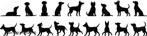 Dog silhouette collection featuring different poses of domestic dogs including sitting standing running and walking isolated on white background, vector animal set for pet design and icons