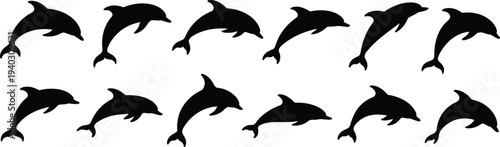 Dolphin silhouette collection featuring jumping swimming and diving dolphins, marine wildlife vector set isolated on white background for ocean animal design and aquatic illustration